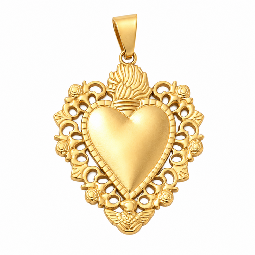Grand pendentif cœur ex-voto doré en acier inoxydable – amulette porte-bonheur avec bélière – 40 mm