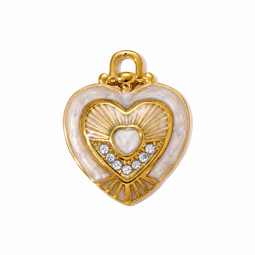 Pendentif cœur ex-voto rayonnant émaillé blanc avec strass cristal – acier inoxydable doré – 26 mm