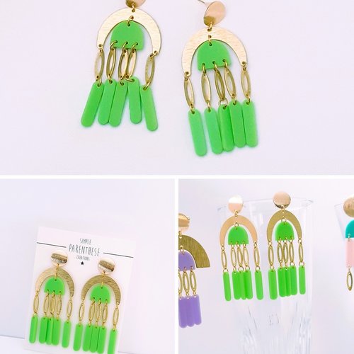 Boucles d'oreilles en laiton et acrylique vert et or -