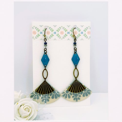 Livraison gratuite - boucles d'oreilles bronze et email bleu, gris et ivoire