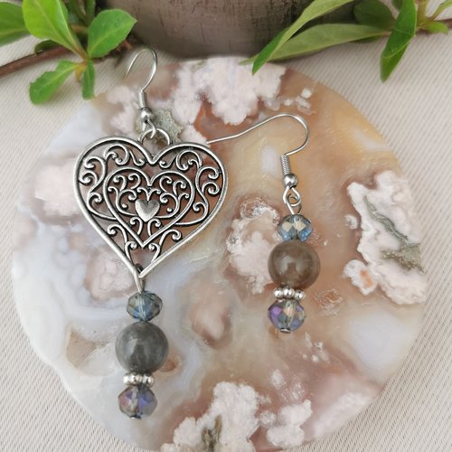Boucles d'oreilles cœur labradorite asymétrique