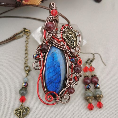 Médaillon labradorite bleu et boucles d'oreilles