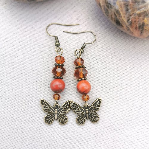 Boucles d'oreilles jaspe rouge papillon