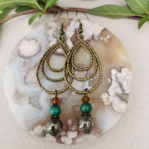 Boucles d'oreilles bronze pyrite malachite