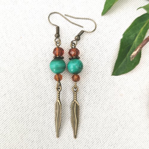 Boucles d'oreilles malachite plume bronze