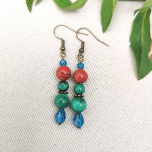 Boucles d'oreilles malachite et jaspe rouge