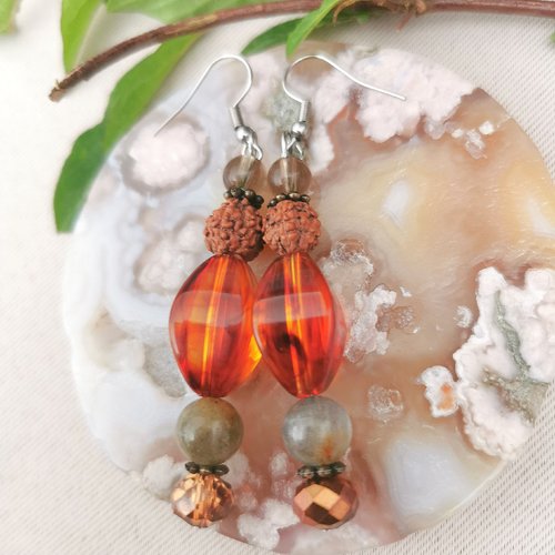 Boucles d'oreilles labradorite graine de rudrasksha