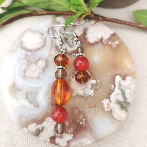 Boucles d'oreilles agate rouge quartz fumé