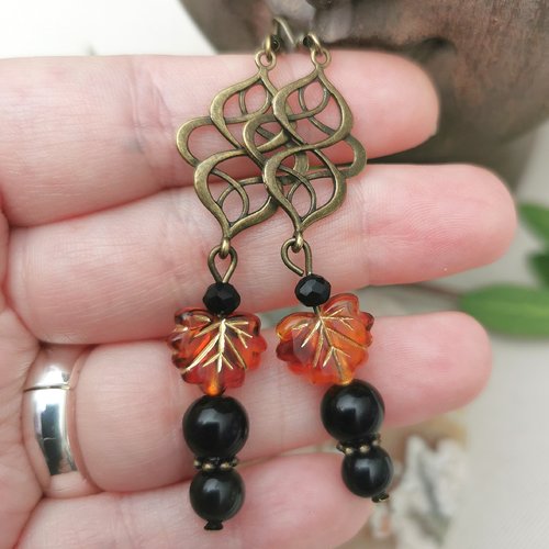 Boucles d'oreilles bronze feuille obsidienne