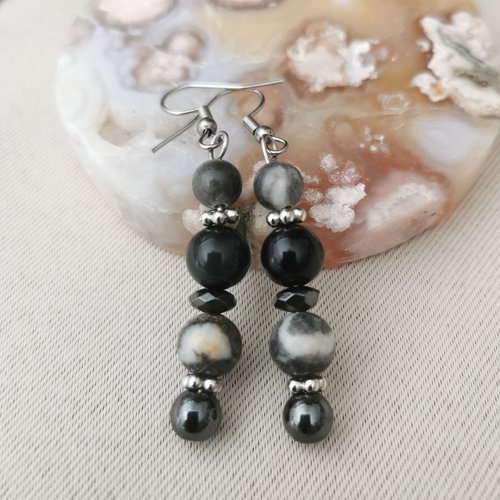 Boucles d'oreilles jaspe zèbre obsidienne et hématite