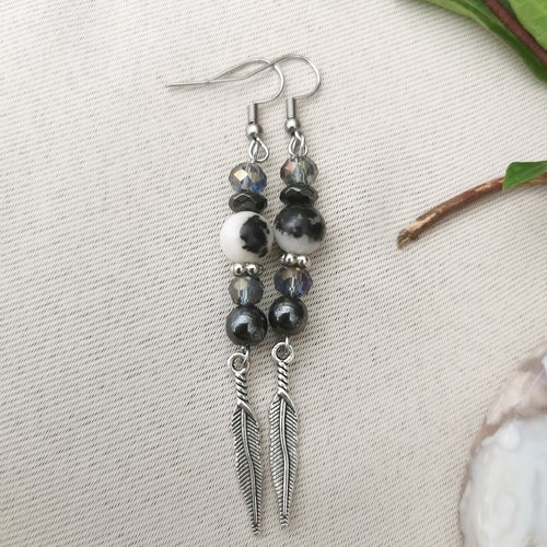 Boucles d'oreilles plume hématite jaspe zèbre swarovski
