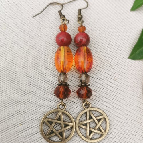 Boucles d'oreilles bronze ambré jaspe rouge pentacle