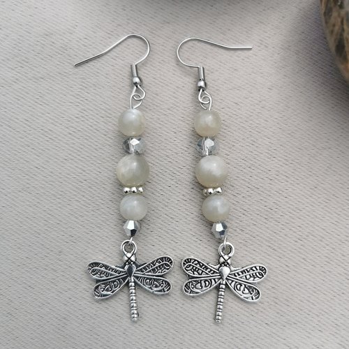 Boucles d'oreilles pierre de lune libellule