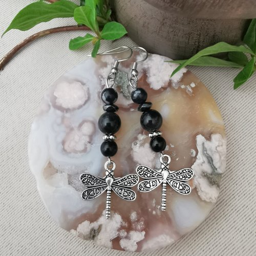 Boucles d'oreilles libellule obsidienne