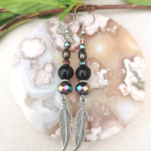 Boucles d'oreilles plume obsidienne perles de culture d'eau douce