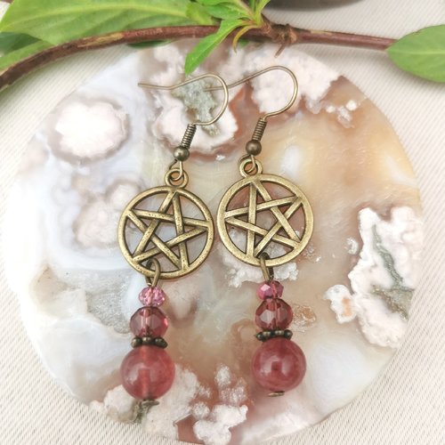 Boucles d'oreilles bronze quartz fraise