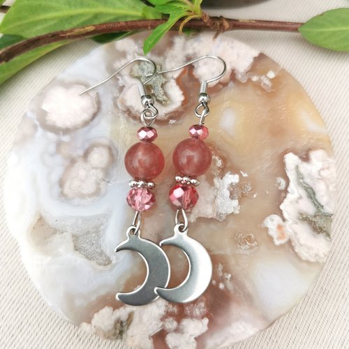 Boucles d'oreilles quartz fraise lune
