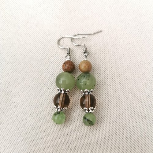 Boucles d'oreilles prehnite quartz fumé