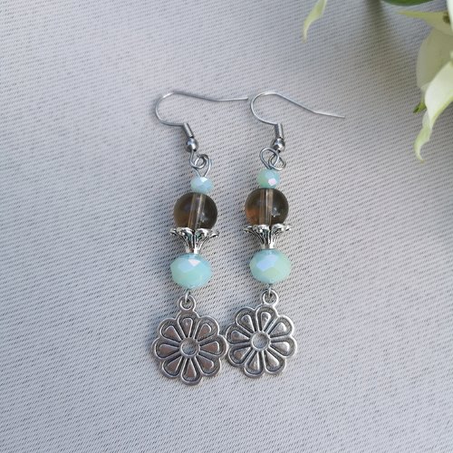 Boucles d'oreilles fleurs quartz fumé