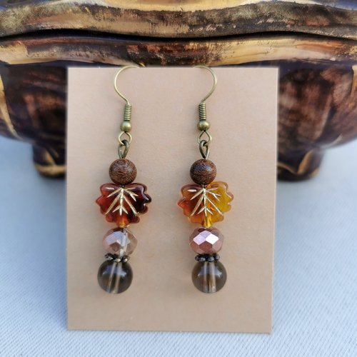 Boucles d'oreilles feuille érable quartz fumé
