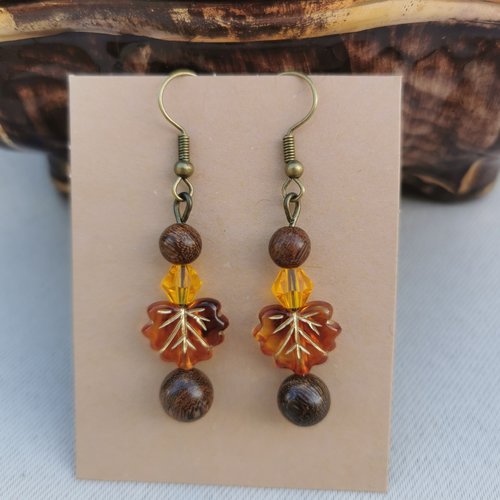 Boucles d'oreilles bronze feuille bois