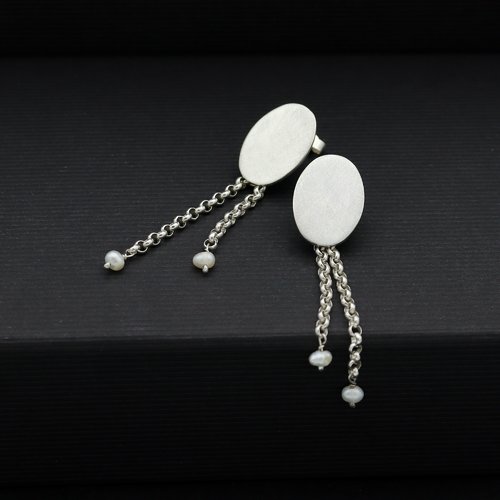 Boucles d'oreilles ovales avec double chaîne et perles naturelles, fabriquées en argent massif, sur commande