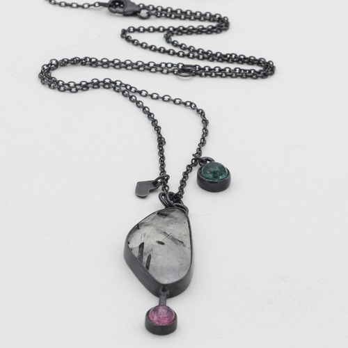 Collier quartz rutile noir et tourmalines en argent noir, longueur de la chaîne réglable, bijou de créateur