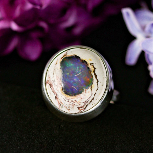 Bague opale de feu du mexique, anneau gaufré, taille 54, bijou de créateur, fait main en france