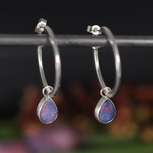 Créoles argent avec opale doublet pendante, véritables opales australiennes, bijoux de créateur
