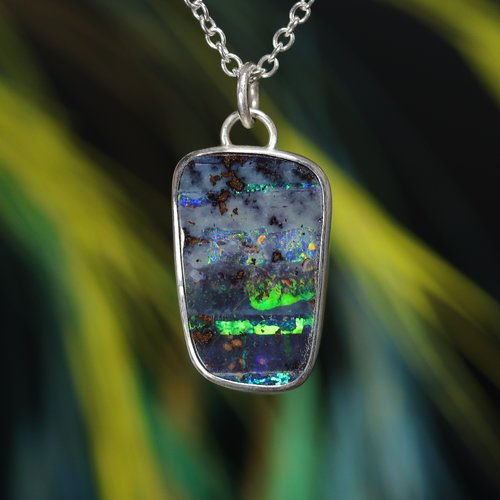 Collier opale boulder multicolore argent massif, véritable opale australienne, chaîne à longueur réglable, bijou de créateur