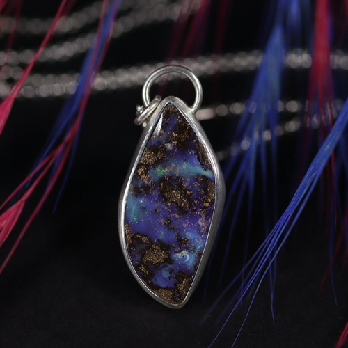 Collier opale boulder bleue argent massif, opale australienne naturelle, chaîne à longueur réglable