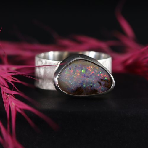 Bague opale boulder bois fossile en argent massif, t. 58, bague opale naturelle, bijou unique de créateur