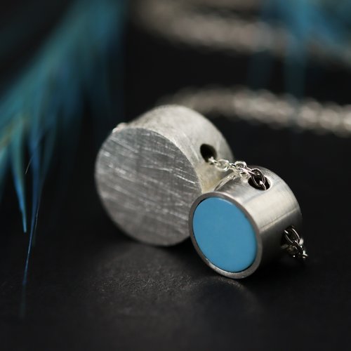 Collier coulissant turquoise et disque 3d en argent massif, collier deux pendentifs, chaîne réglable en longueur, bijou de créateur