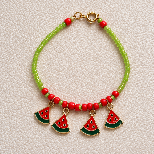 Bracelet artisanal pastèque rouge et vert – perles de rocaille et acier inoxydable