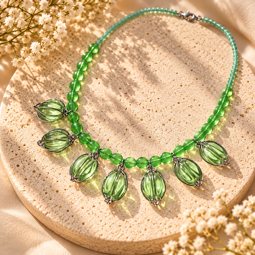 Collier artisanal vert en perles de verre et pampilles – 39 cm