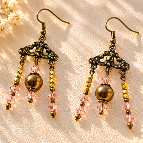Boucles d’oreilles pendantes vintage en cristal rose et hématite – acier inoxydable