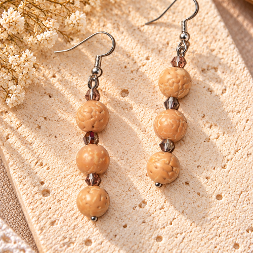 Boucles d’oreilles en racine de bodhi et cristal – acier inoxydable