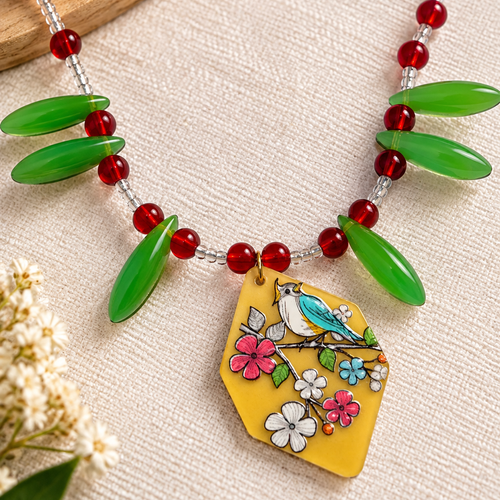 Collier fantaisie oiseau et fleurs – perles de verre rouges et vertes – bijou artisanal coloré