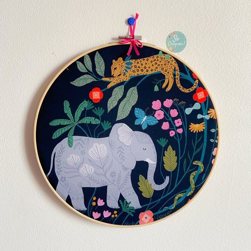 Cadre tambour / cercle à broder en tissu - collection jungle - panthère et éléphant