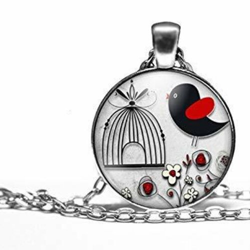 Collier cabochon, collier illustré -l'oiseau rouge et noir-, cadeau de noël femme - anniversaire femme - saint valentin - argent antique