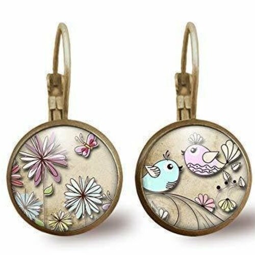 Boucles d'oreilles cabochon, petites boucles d'oreilles illustrées, -fleurs pastel-, cadeau de noël femme - anniversaire femme - bronze