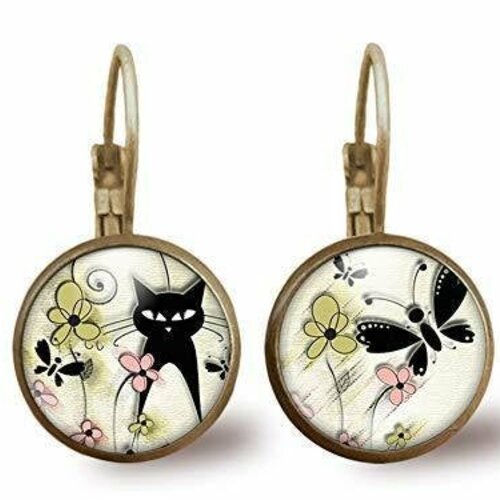 Boucles d'oreilles cabochon -le chat du printemps-, cadeau de noël femme - anniversaire femme - saint valentin - bronze (ref.71-1)