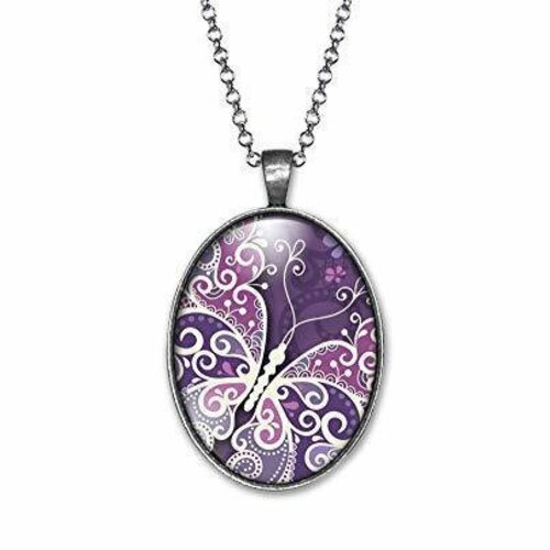 Collier cabochon papillon -papillon violet- cadeau de noël femme - anniversaire femme - saint valentin - argent antique (ref.43a) fbm