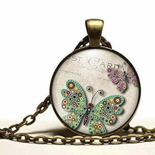Collier cabochon, papillons de collier illustrés -la carte postale-, parure, cadeau de noël, cadeau femme, cadeau de la saint-valentin