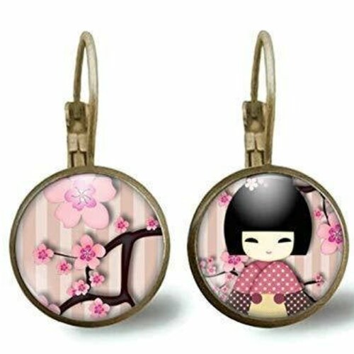 Boucles d'oreilles cabochon -pink kokeshi- cadeau de noël femme - saint valentin - cadeau d'anniversaire (ref.38)