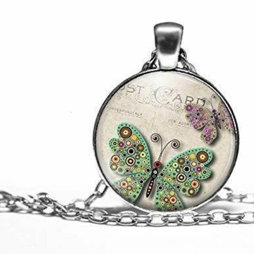 Collier cabochon, papillons de collier illustrés -la carte postale-, parure, cadeau de noël, cadeau de la saint-valentin, idée cadeau
