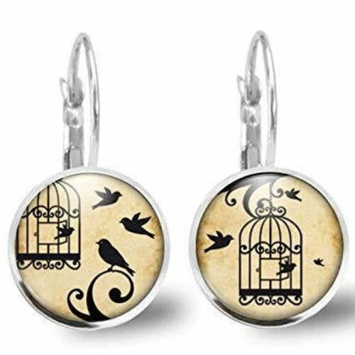 Boucles d'oreilles cabochon, oiseau, cage -ouvrir la cage- cadeau de noël femme -anniversaire femme-saint valentin-argent antique(ref.42a)
