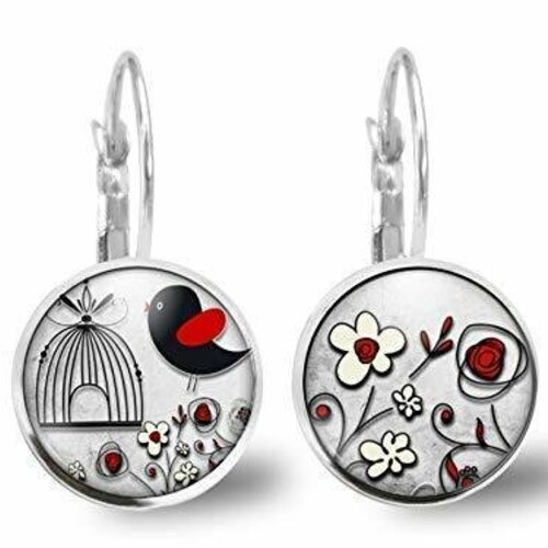Boucles d'oreilles cabochon oiseau, cage -l'oiseau noir et rouge- cadeau de noël femme - anniversaire femme - argent antique (ref.51a)