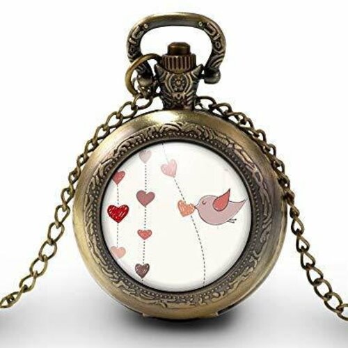 Montre à gousset, sautoir illustré collier oiseau -l'oiseau-, cadeau de noël femme - anniversaire femme - saint valentin - bronze (ref.84)