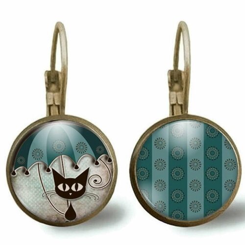 Boucles d'oreilles cabochon -le chat au parapluie- cadeau de noël femme - saint valentin - cadeau d'anniversaire (ref.2) fbm